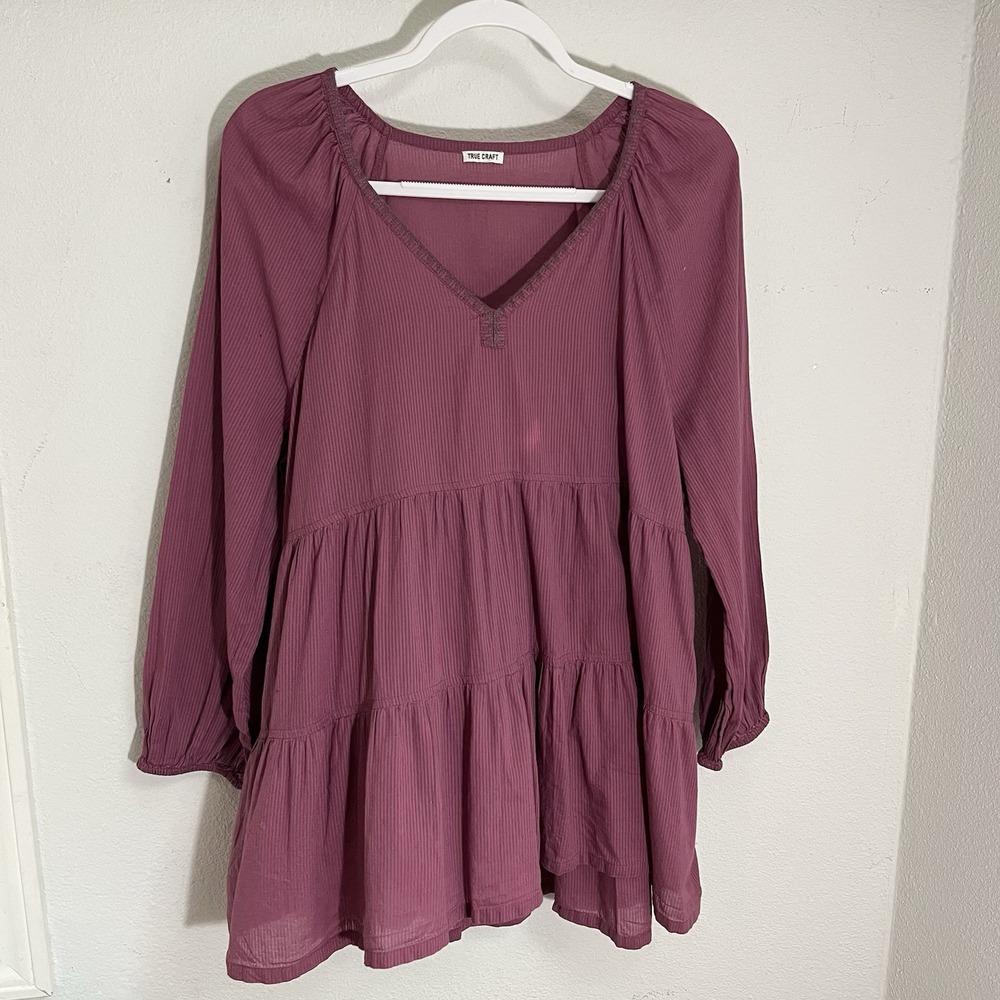 True Craft Top Women's Size L ? Pink V-Neck Long Sleeve Cotton Tunic FLAWS*